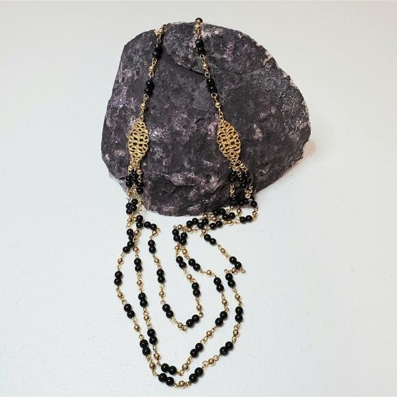 Costume Jewelry Gold-Tone Beaded Triple Loop Statement Necklace - Picture 1 of 7